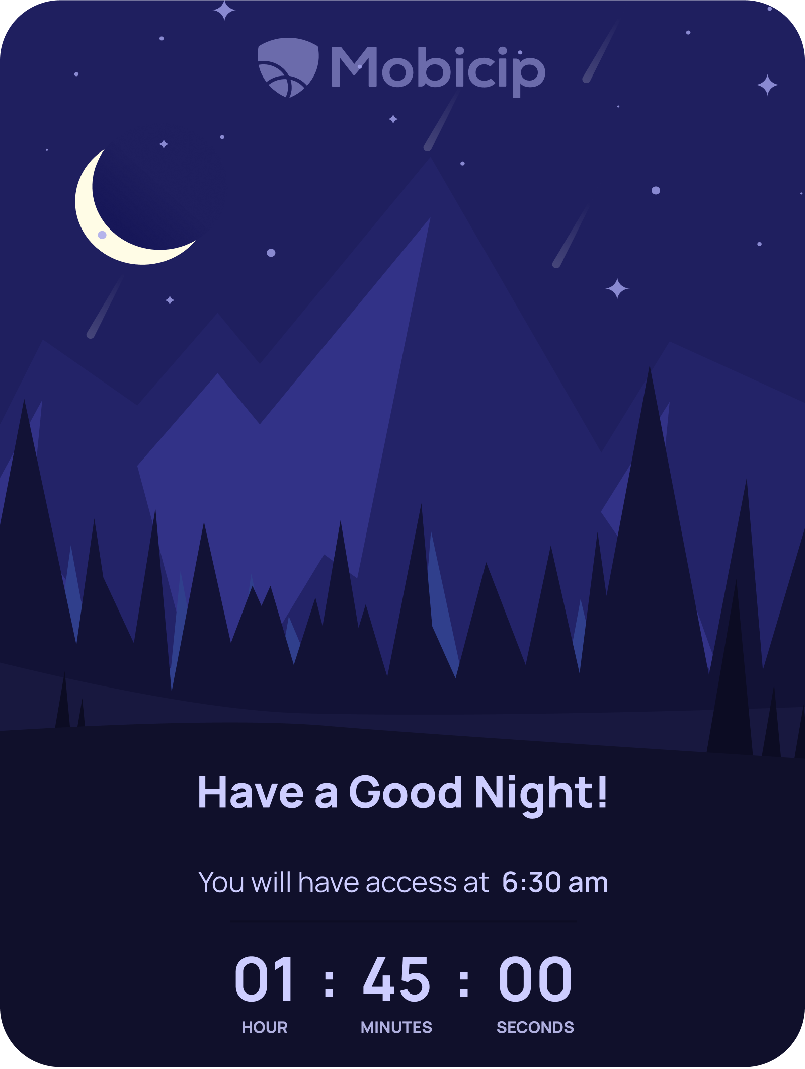 Mobicip Good Night screen showing countdown timer until device access resumes at 6:30 am